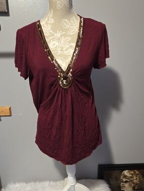 Metro Burgundy Short Sleeve V-Neck Top with Sequin Trim